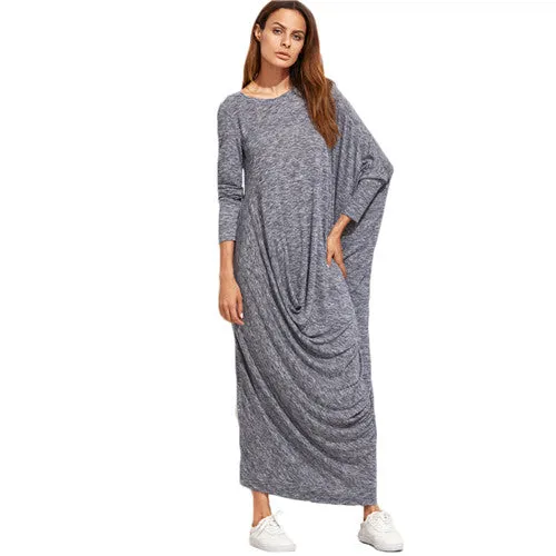 SHEIN Winter Long Maxi Dress Brand Casual Dresses Navy Marled Knit Draped Asymmetric Long Sleeve Oversized Dress