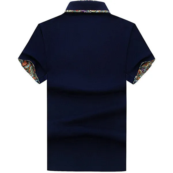 Short Sleeved Cotton Polo Shirts Floral Lined Decoration Turn down Collar