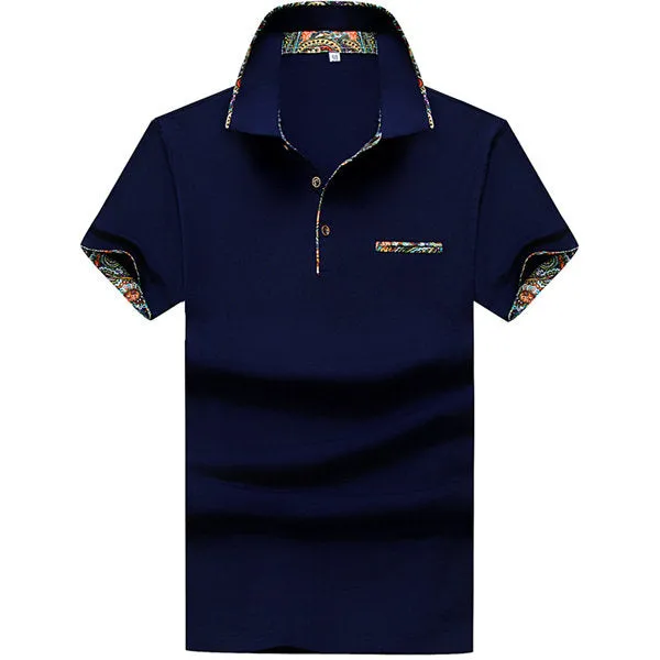 Short Sleeved Cotton Polo Shirts Floral Lined Decoration Turn down Collar