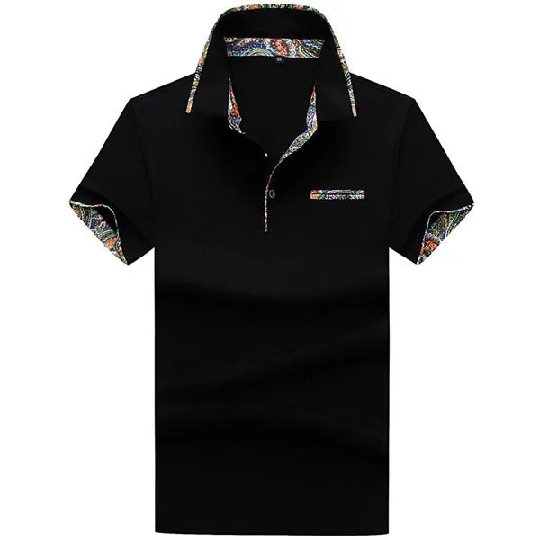 Short Sleeved Cotton Polo Shirts Floral Lined Decoration Turn down Collar