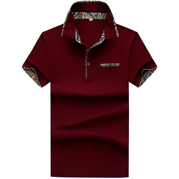 Short Sleeved Cotton Polo Shirts Floral Lined Decoration Turn down Collar