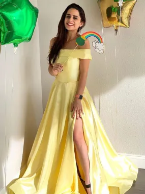 Simple Off Shoulder Yellow Satin Long Prom with Slit, Off Shoulder Yellow Formal, Yellow Evening