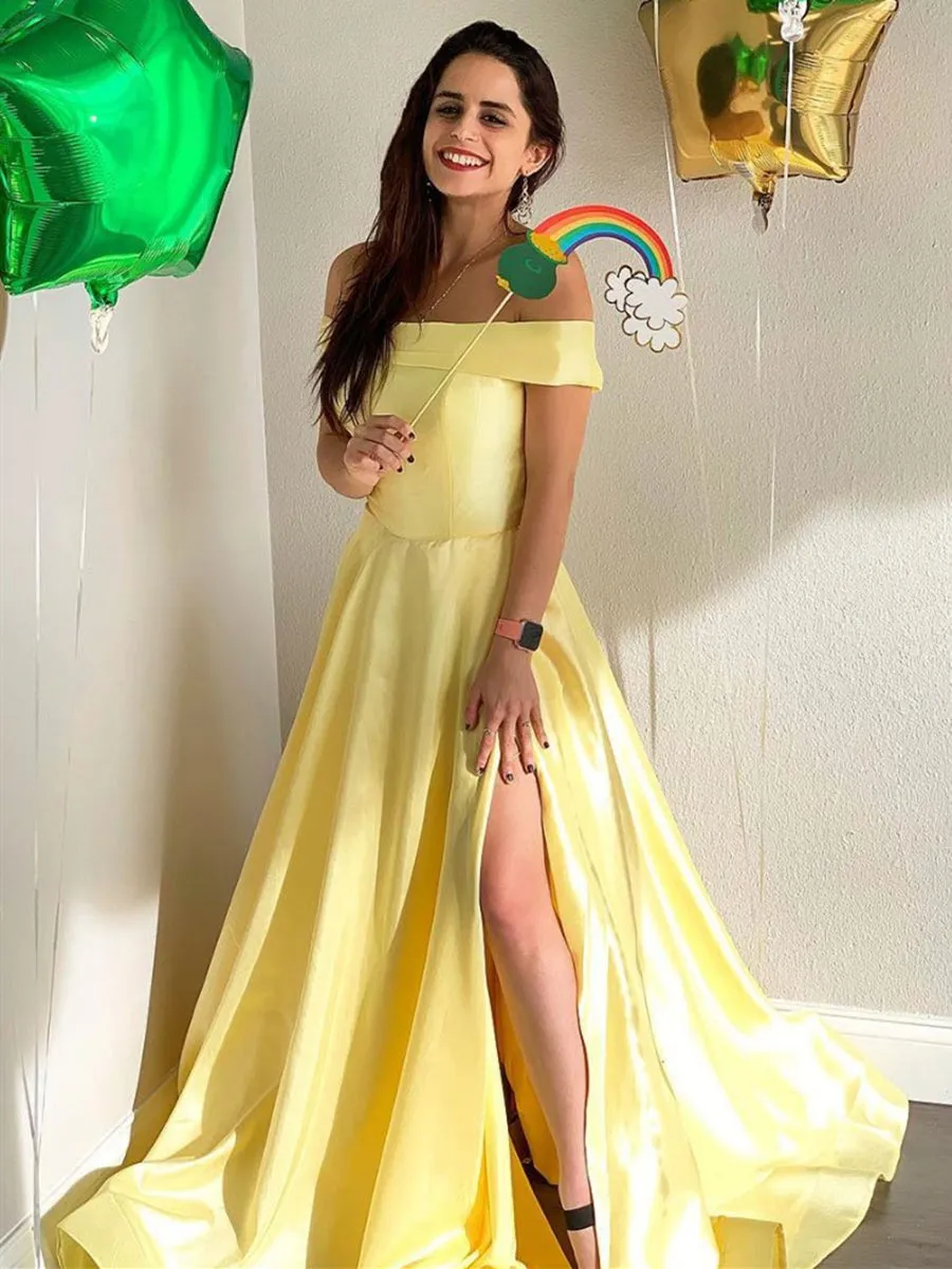 Simple Off Shoulder Yellow Satin Long Prom with Slit, Off Shoulder Yellow Formal, Yellow Evening