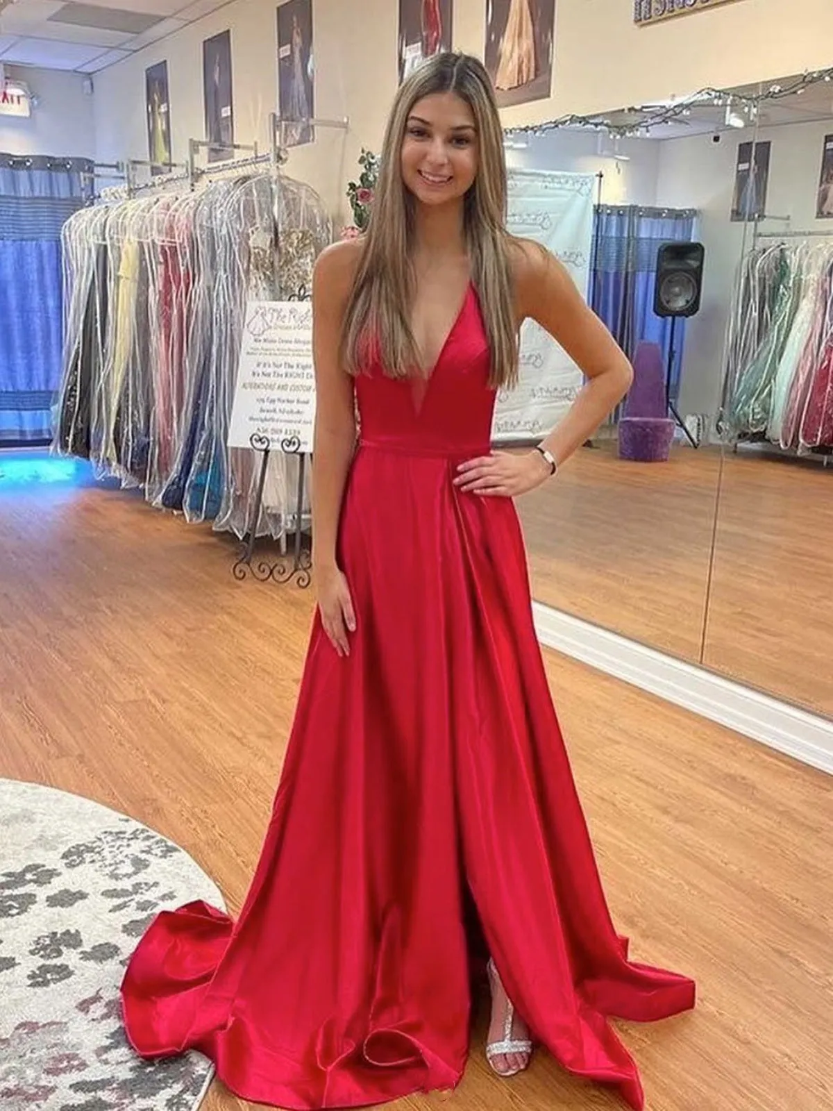 Simple V Neck Backless Red Satin Long Prom Dresses with High Slit, V Neck Red Formal Graduation Evening Dresses