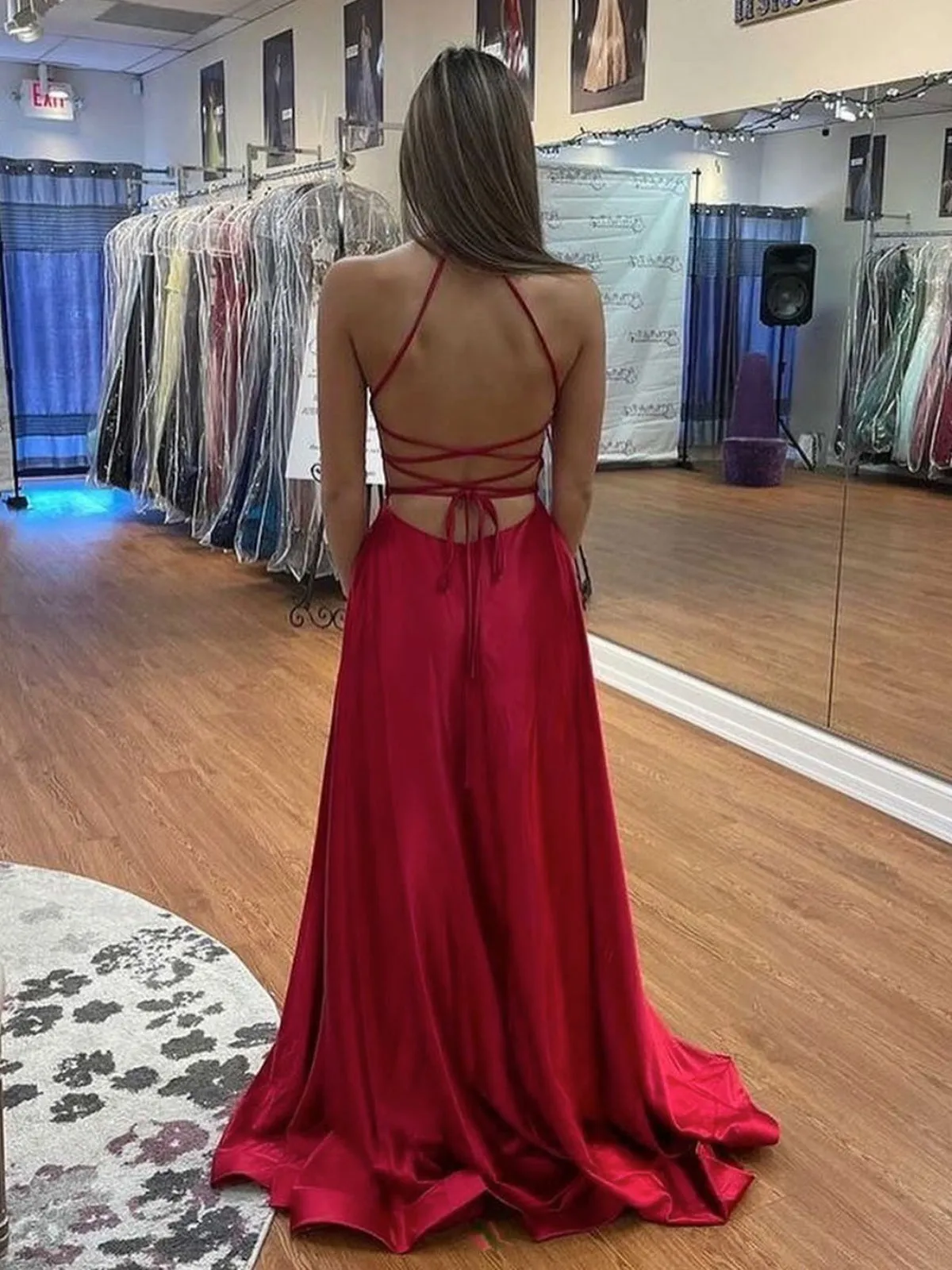 Simple V Neck Backless Red Satin Long Prom Dresses with High Slit, V Neck Red Formal Graduation Evening Dresses