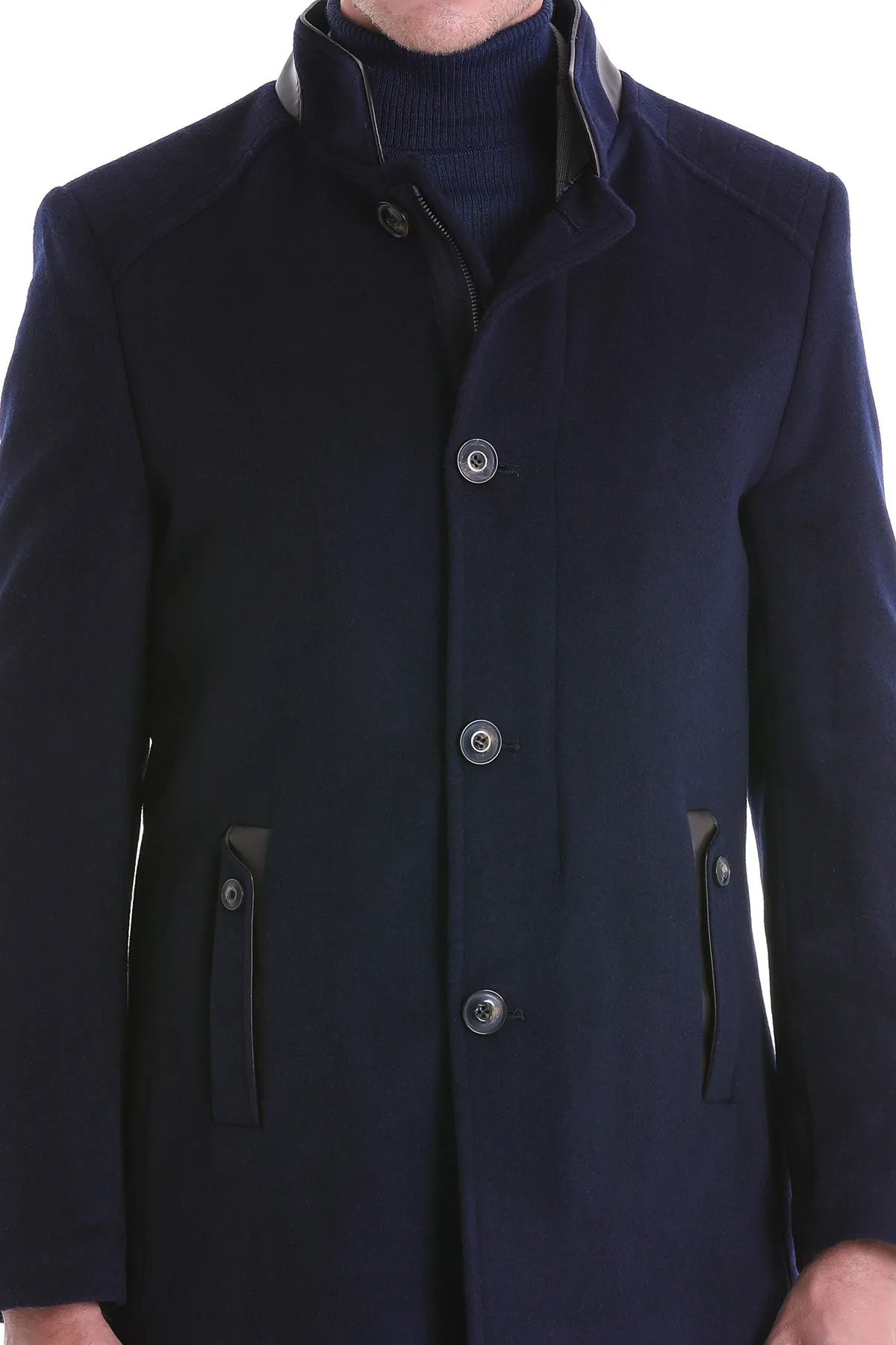 Slim Fit Nikko Stand Collar Coat Wool Blend Dark Gray Coat, Navy