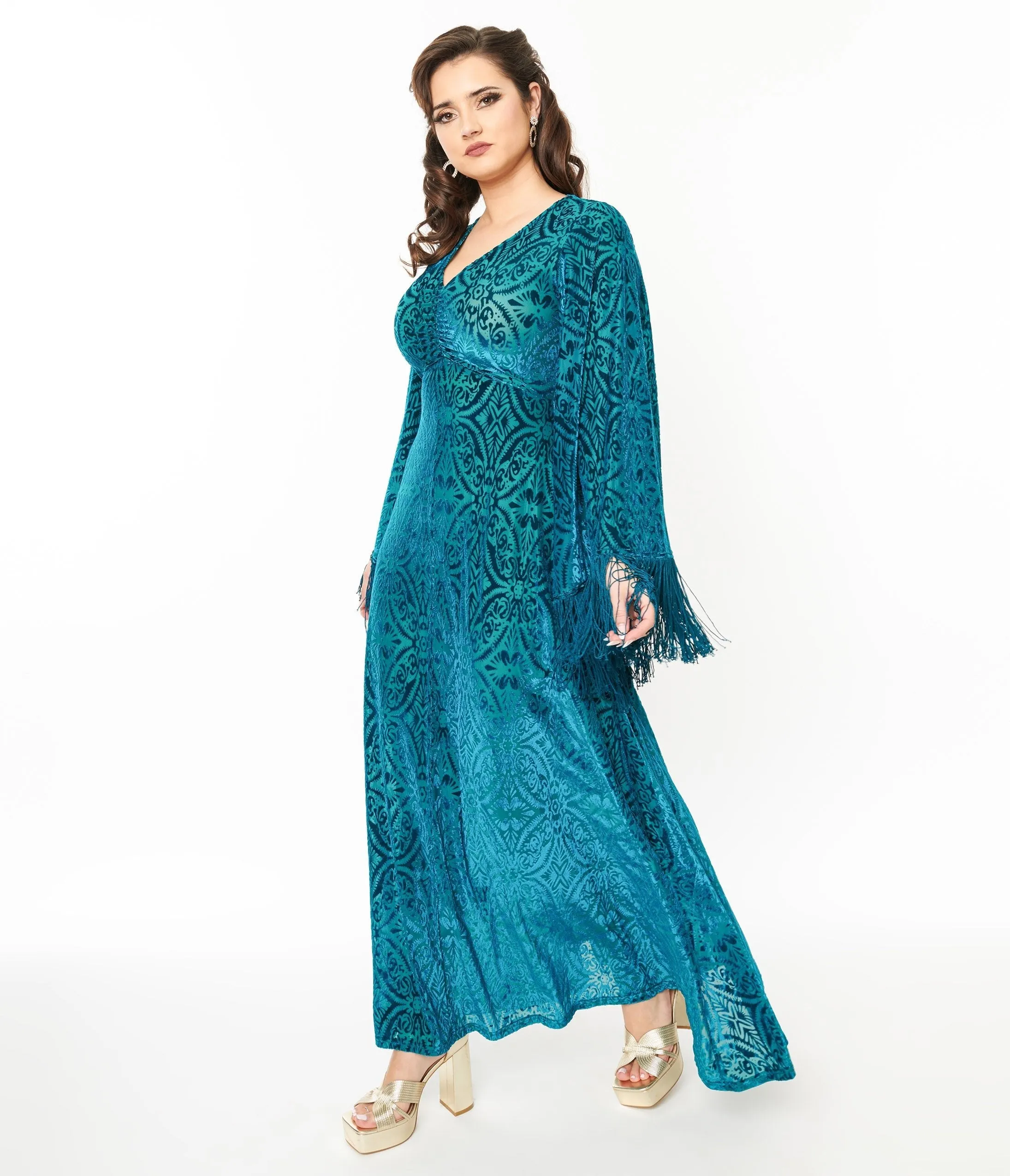 Smak Parlour 1970s Teal Floral Fringe Sleeve Maxi Dress