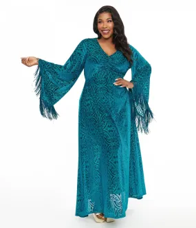 Smak Parlour Plus Size 1970s Teal Floral Fringe Sleeve Maxi Dress