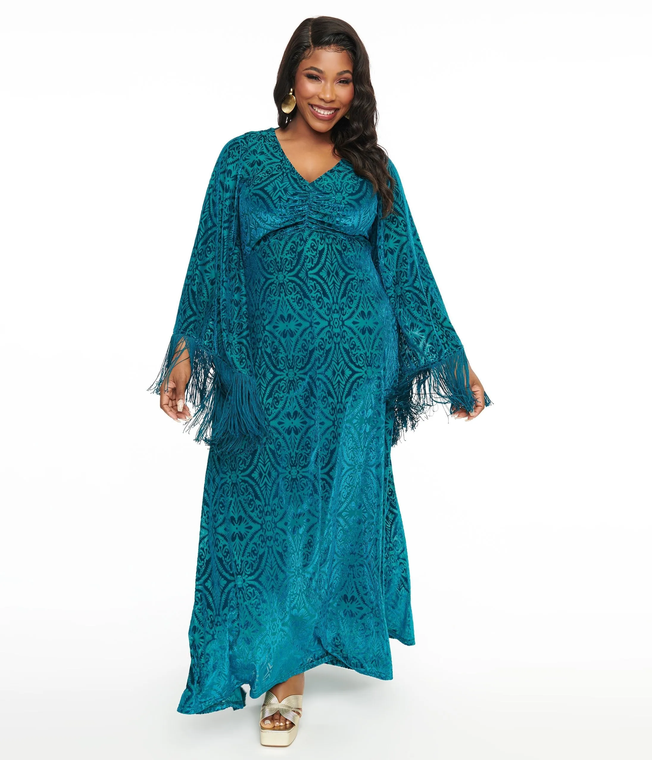 Smak Parlour Plus Size 1970s Teal Floral Fringe Sleeve Maxi Dress