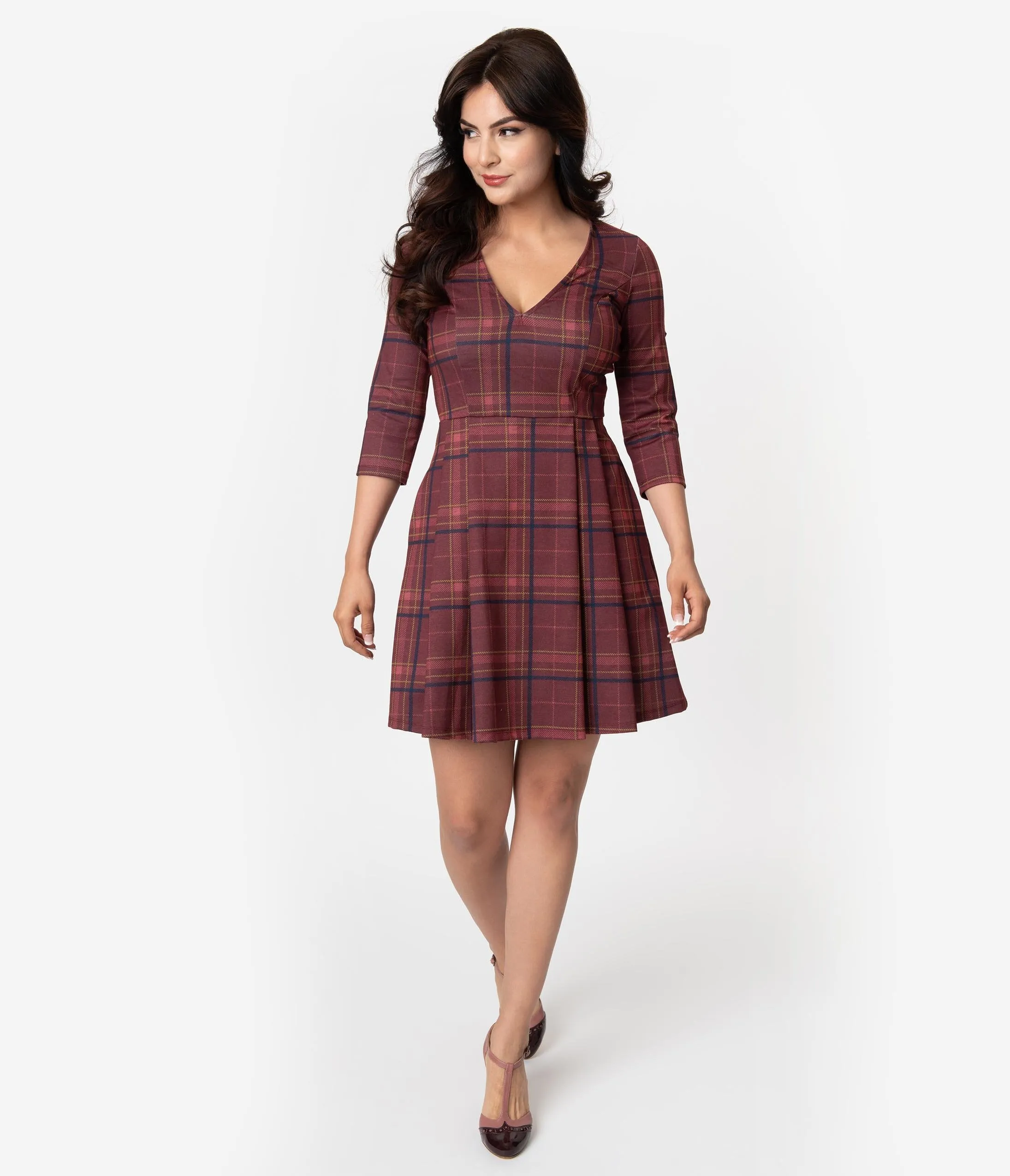 Smak Parlour Vintage Style Burgundy Red Plaid Frill Seeker Fit & Flare Dress