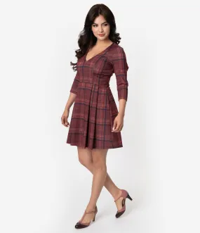 Smak Parlour Vintage Style Burgundy Red Plaid Frill Seeker Fit & Flare Dress