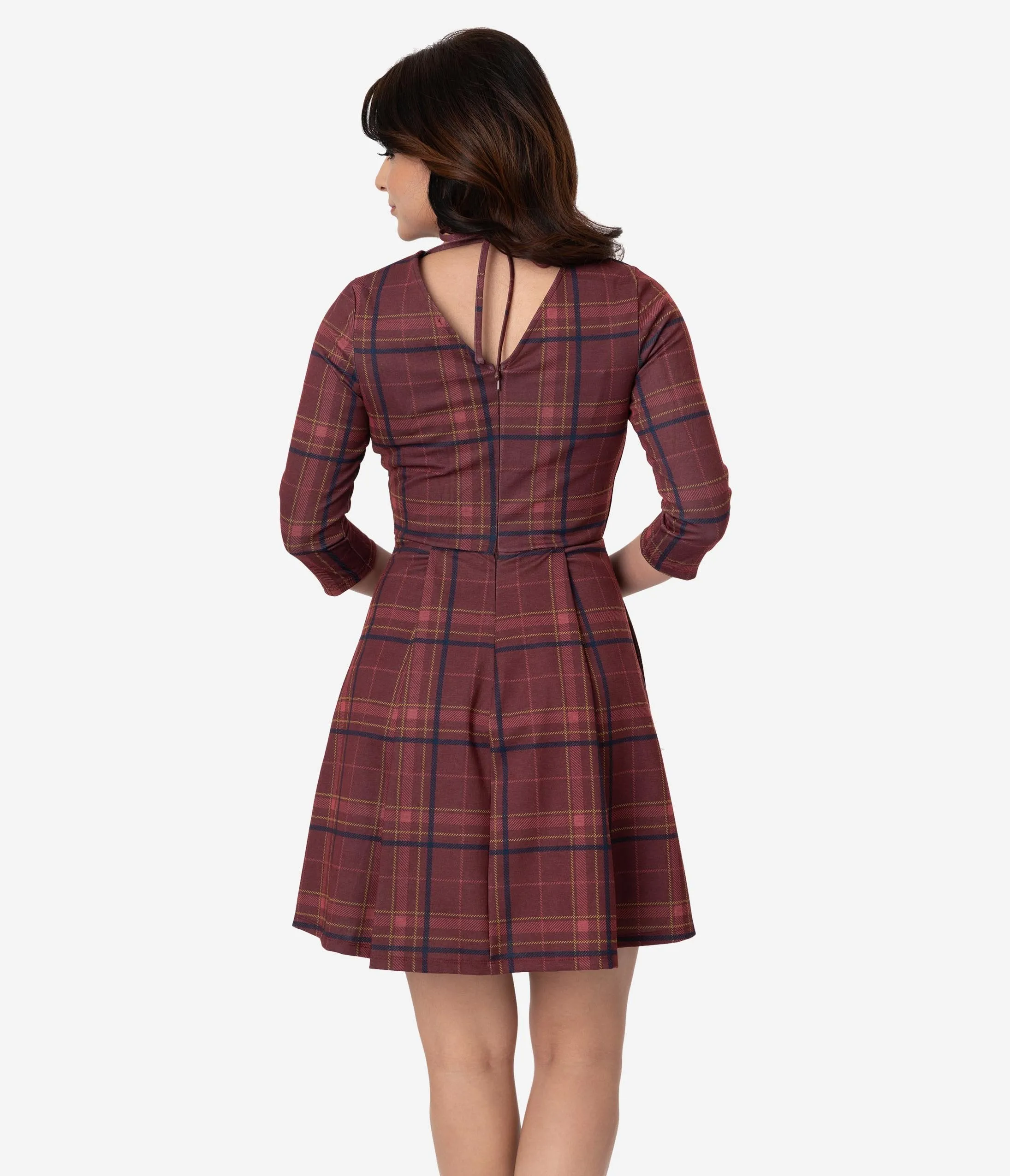 Smak Parlour Vintage Style Burgundy Red Plaid Frill Seeker Fit & Flare Dress