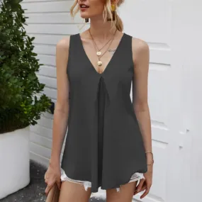 Solid Fashion Casual V Chiffon Sleeveless Summer New Loose Neck Colour Dress