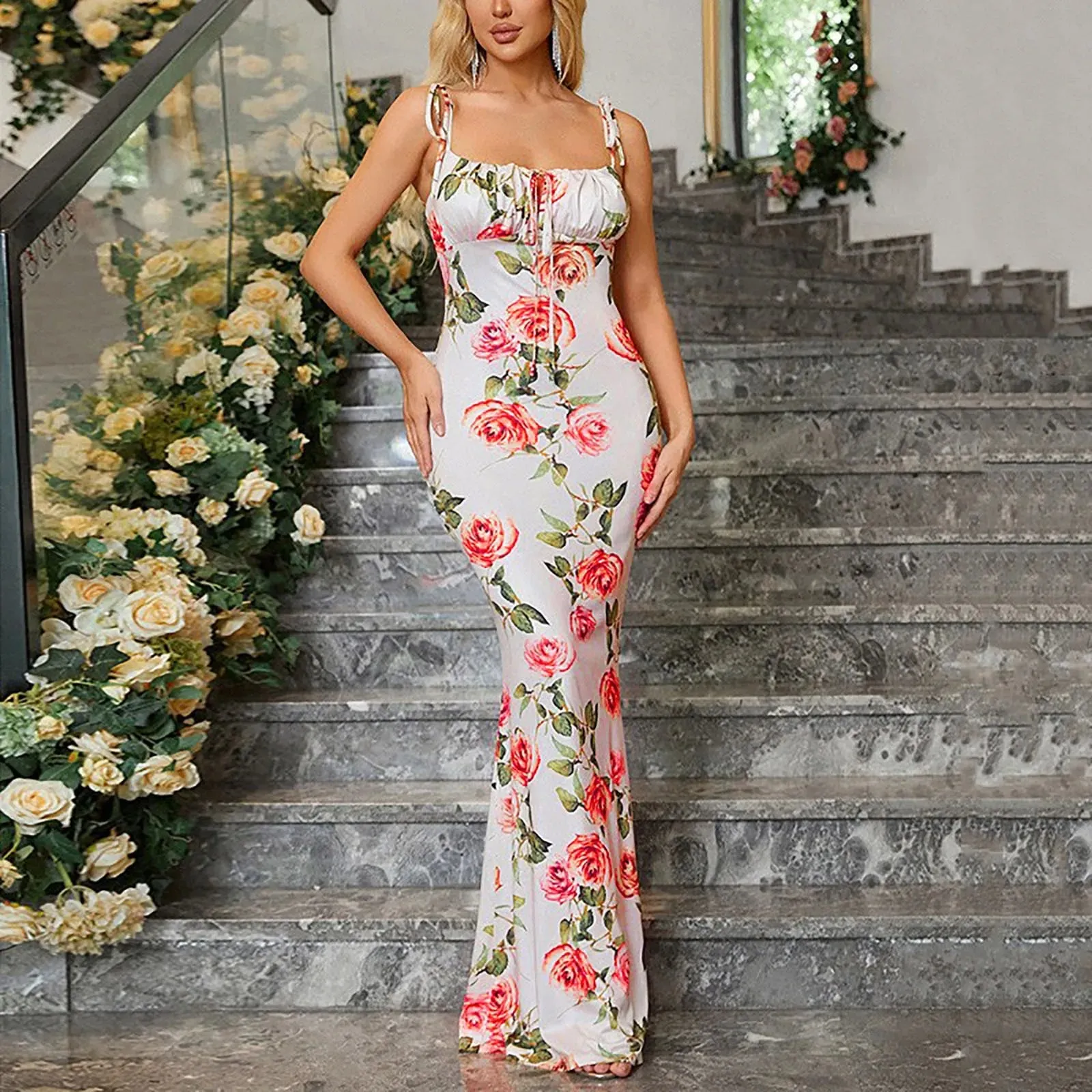 Strap Spaghetti Vintage Floral Elegant Party Printed Maxi Summer Dress