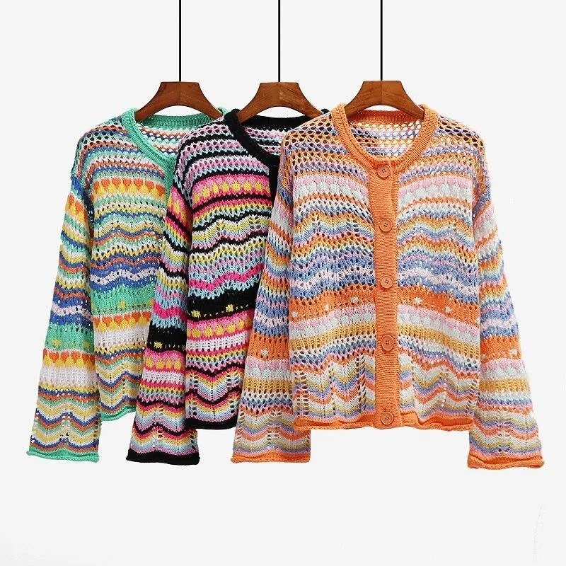 Striped Hollow Out Sweater Cardigan