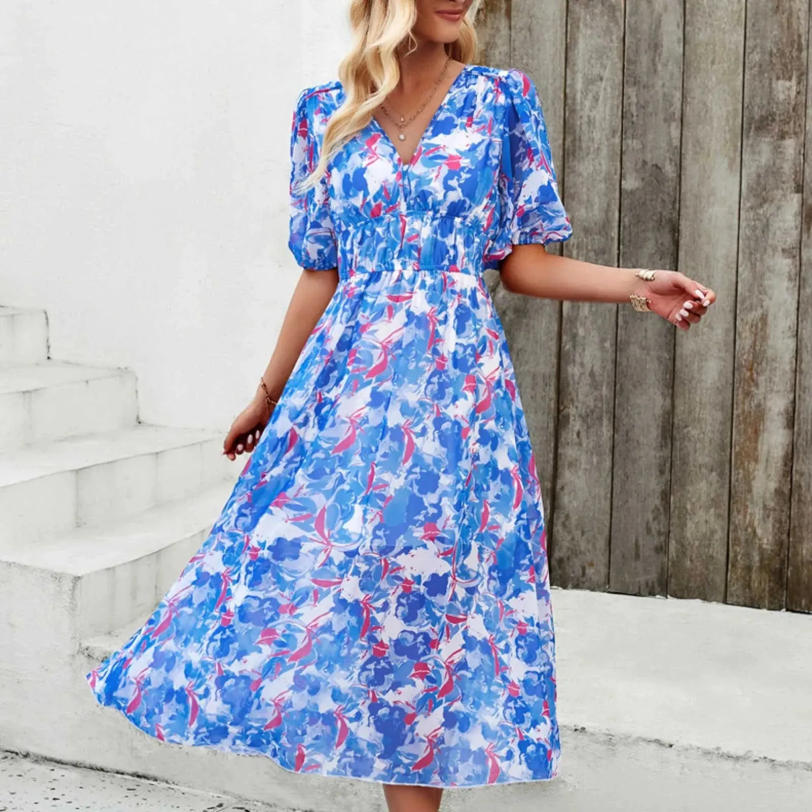 Summer Boho Maxi Dress with Short Sleeves and V Neck for Youthful Women