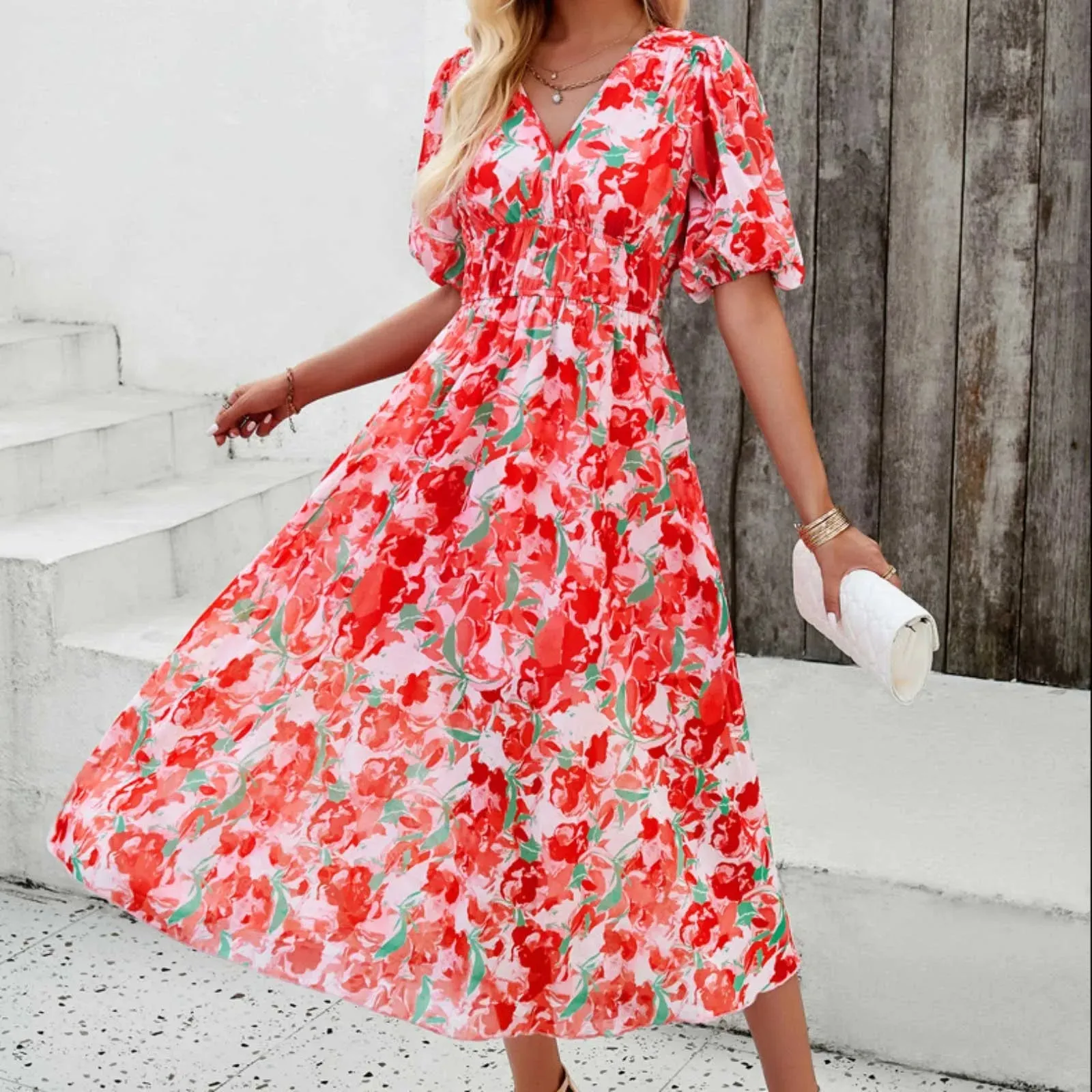 Summer Boho Maxi Dress with Short Sleeves and V Neck for Youthful Women