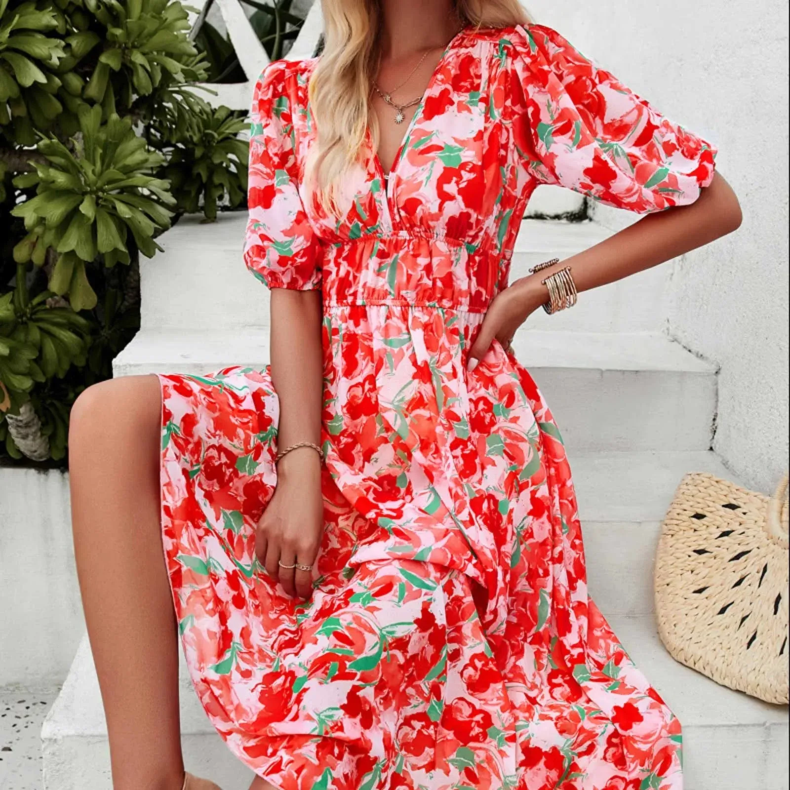 Summer Boho Maxi Dress with Short Sleeves and V Neck for Youthful Women