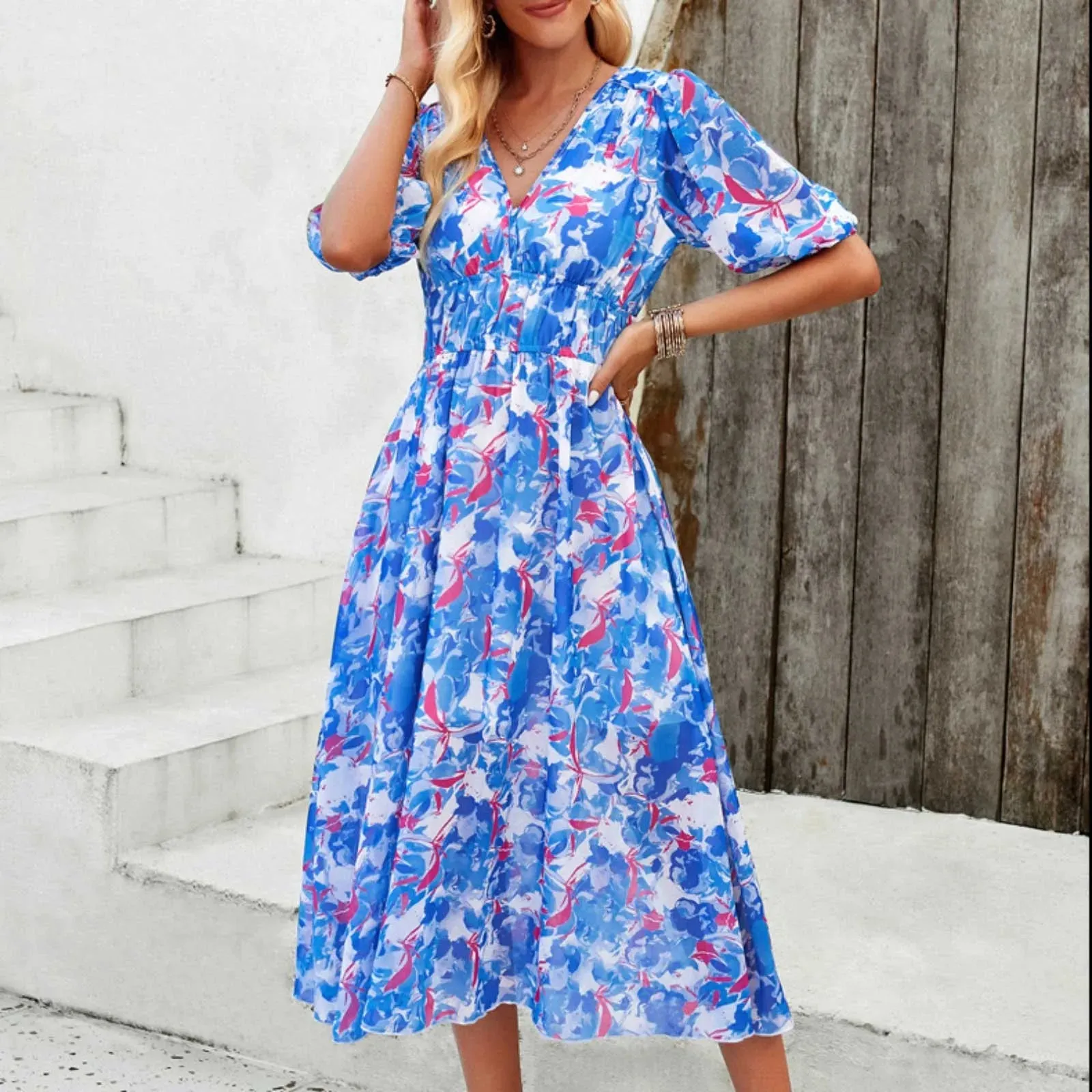 Summer Boho Maxi Dress with Short Sleeves and V Neck for Youthful Women