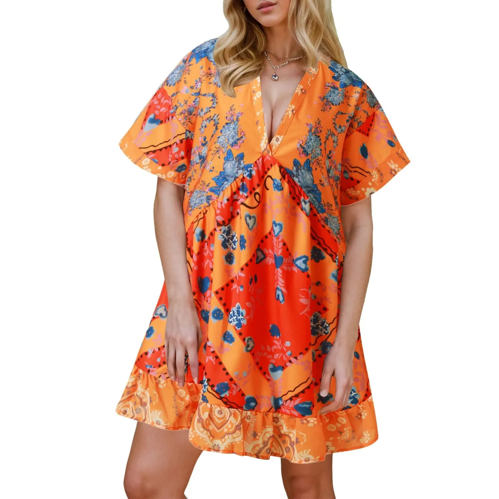 Summer Fairycore Grunge Floral Print Short Sleeve V-Neck Flowy Sundress Beachwear Casual Women's Dress