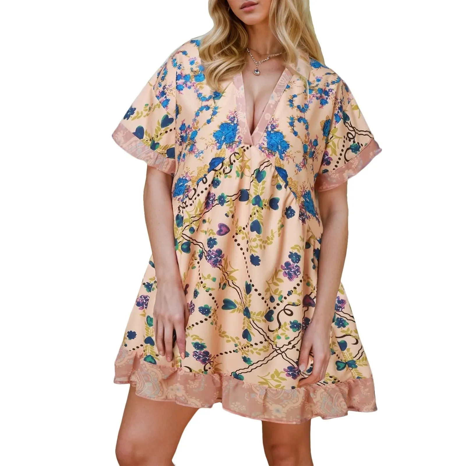 Summer Fairycore Grunge Floral Print Short Sleeve V-Neck Flowy Sundress Beachwear Casual Women's Dress