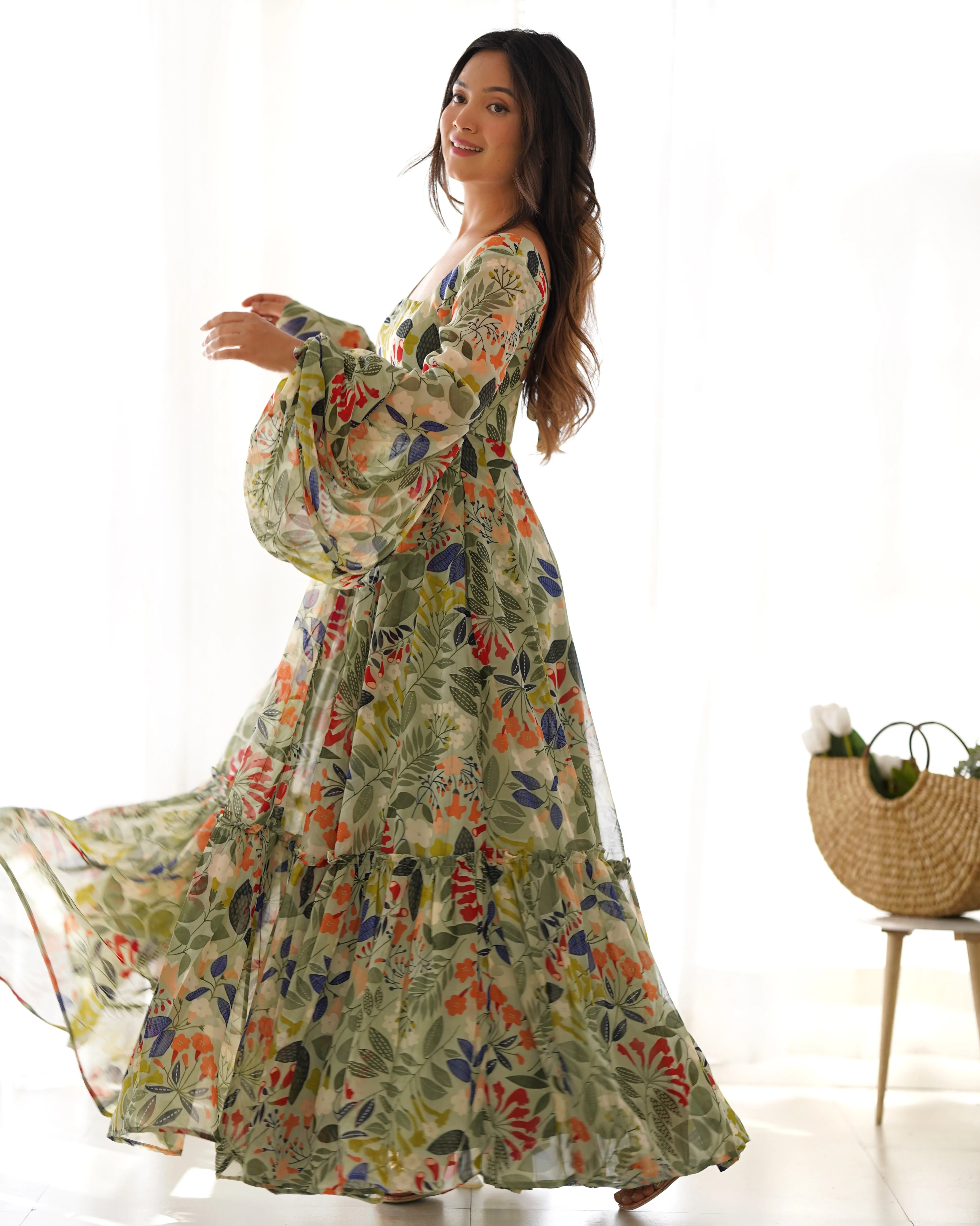 Sunaina Pista Colourfull Floral Gown Digital Printed Faux Georgette DKB-267