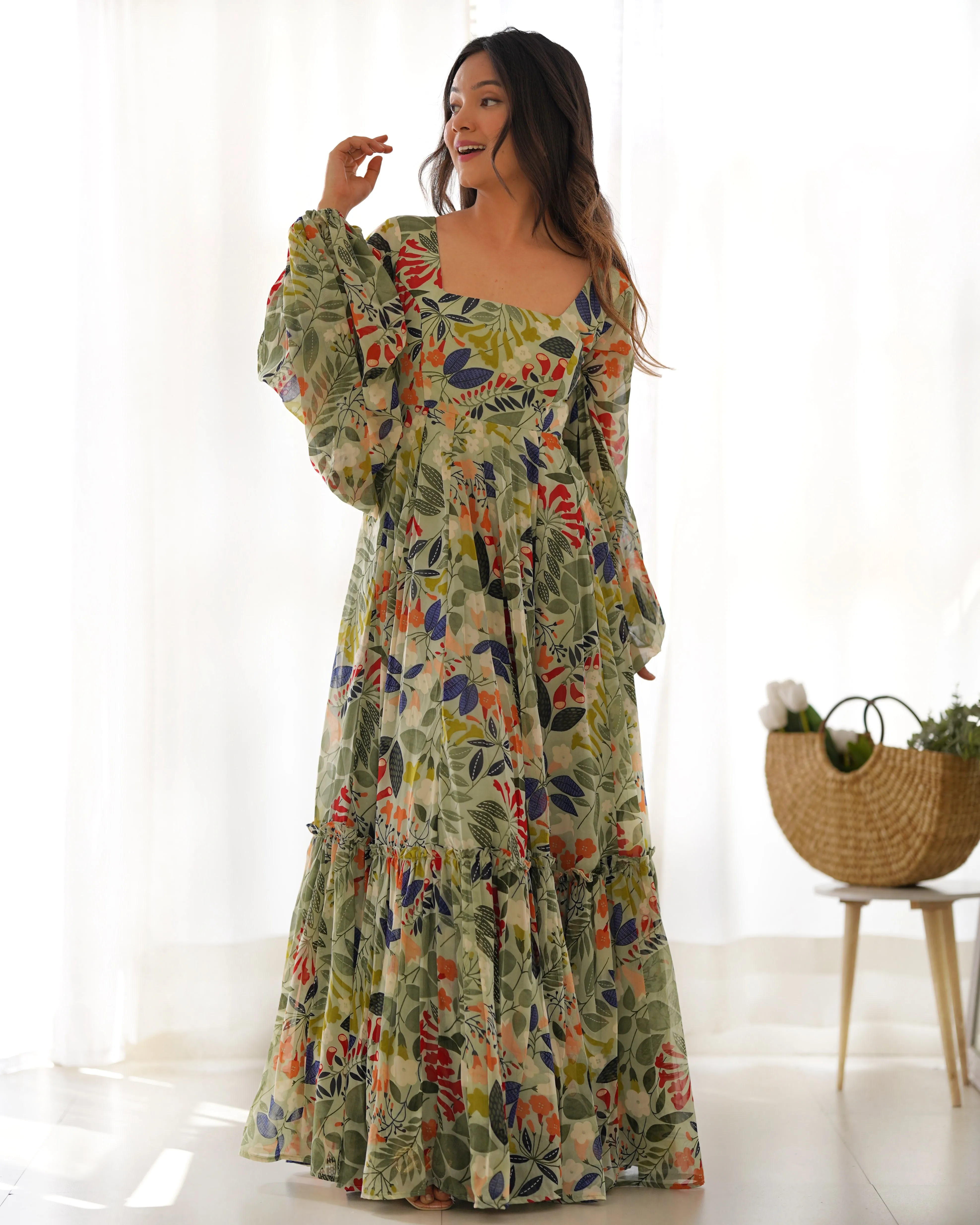 Sunaina Pista Colourfull Floral Gown Digital Printed Faux Georgette DKB-267