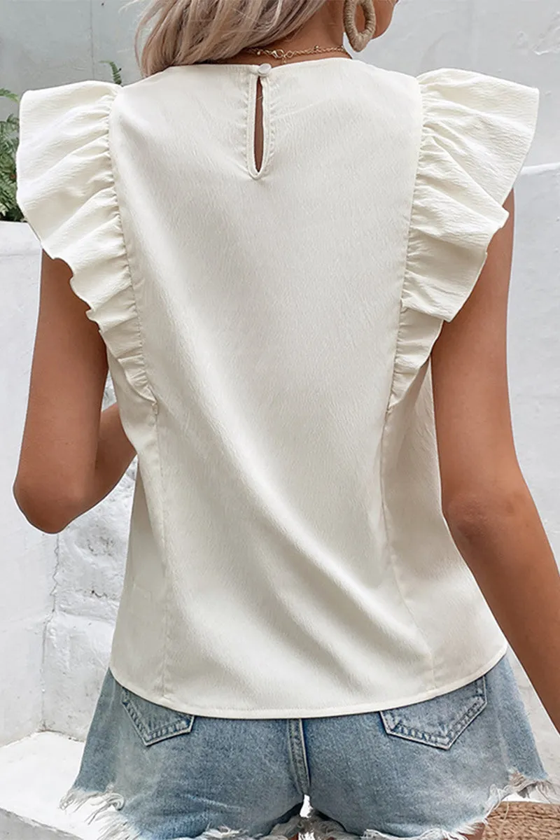 Sweet Simplicity Solid Buttons Flounce O Neck Tops