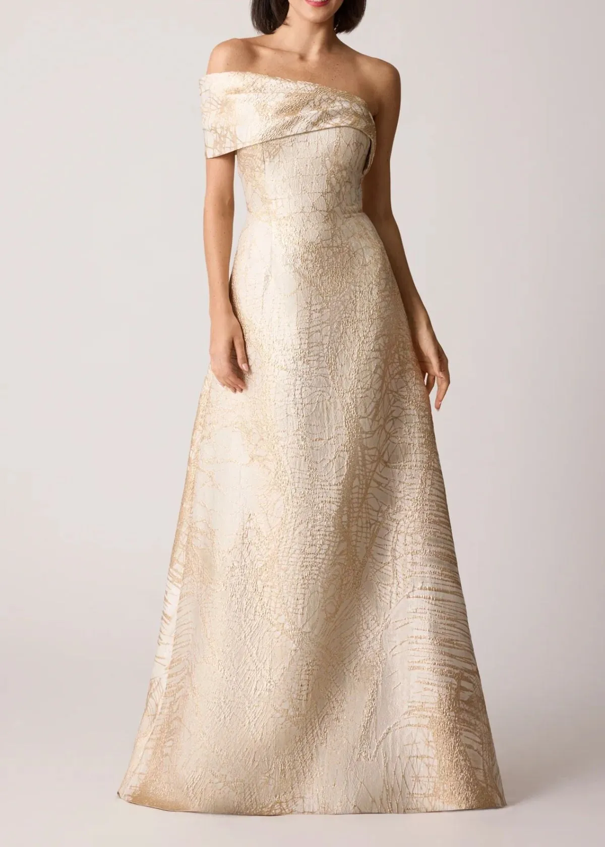 TERI JON One Shoulder Cuff Jacquard Evening Gown - Ivory/Gold