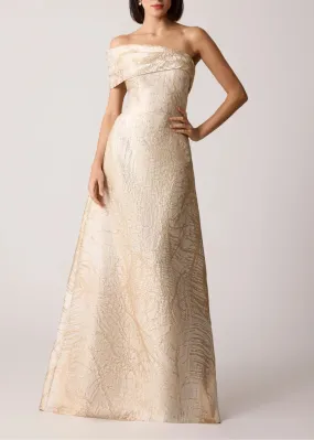 TERI JON One Shoulder Cuff Jacquard Evening Gown - Ivory/Gold