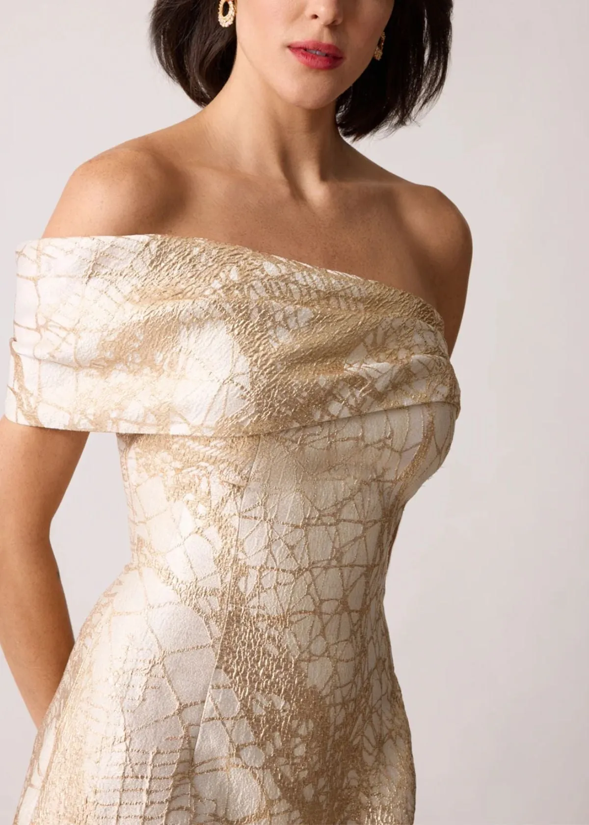 TERI JON One Shoulder Cuff Jacquard Evening Gown - Ivory/Gold