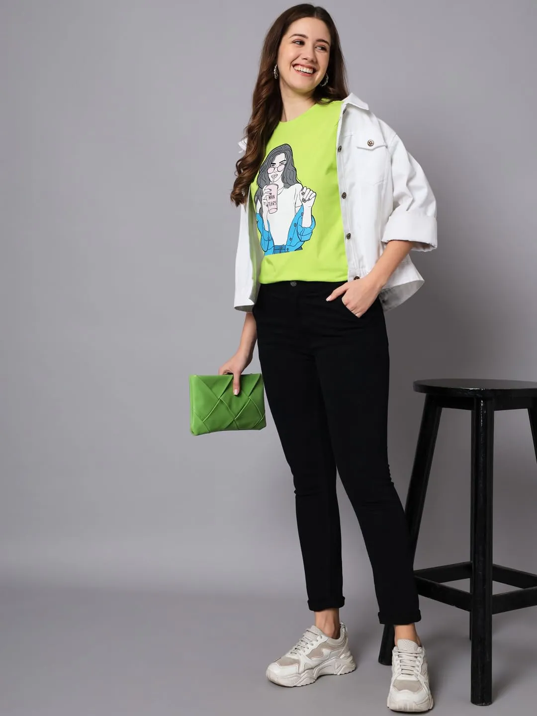 THE DRY STATE Women's Cotton Graphic Print Neon Color Oversize Half Sleeve Round Neck Tshirt (L, NEON)