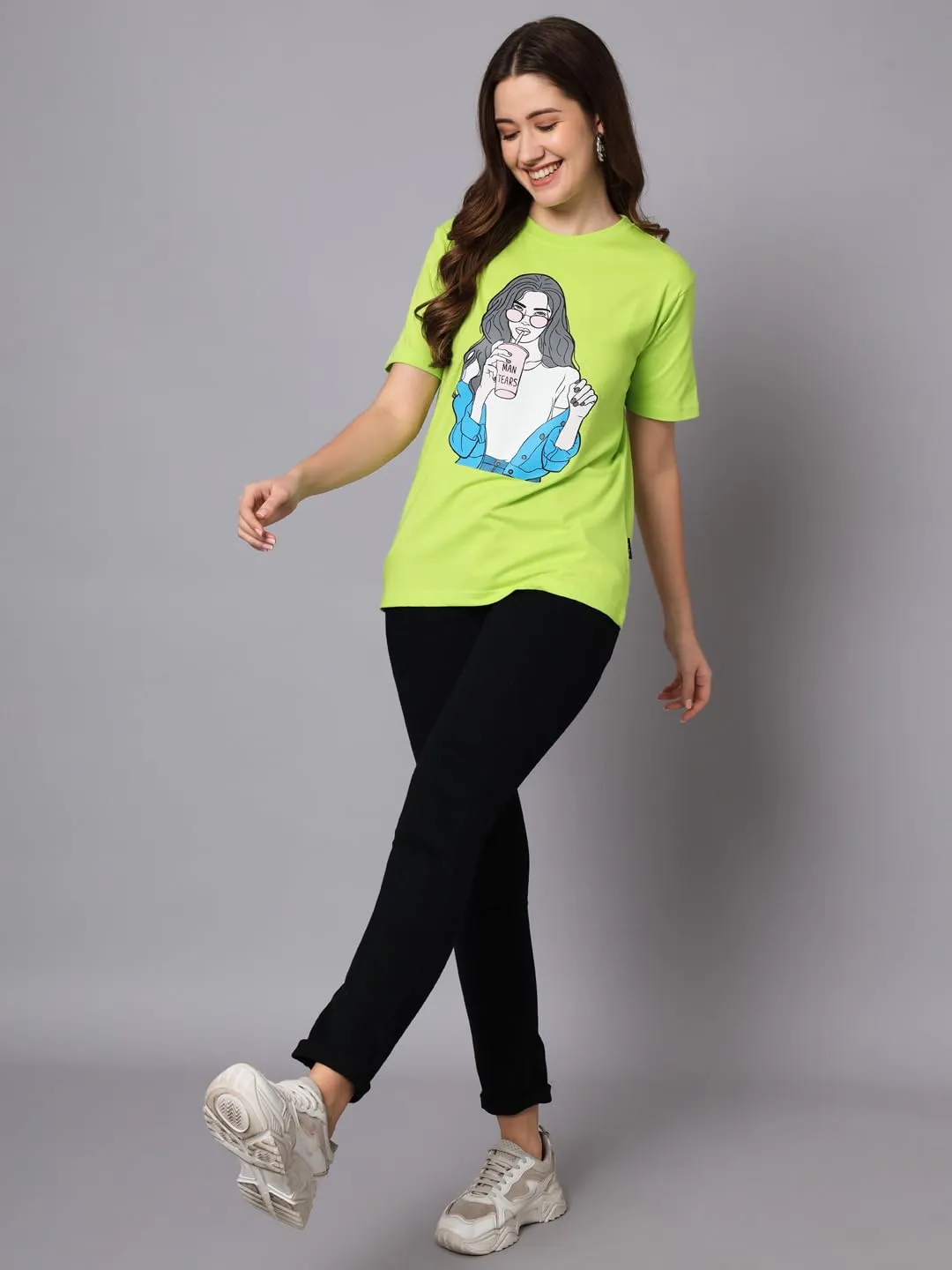 THE DRY STATE Women's Cotton Graphic Print Neon Color Oversize Half Sleeve Round Neck Tshirt (L, NEON)