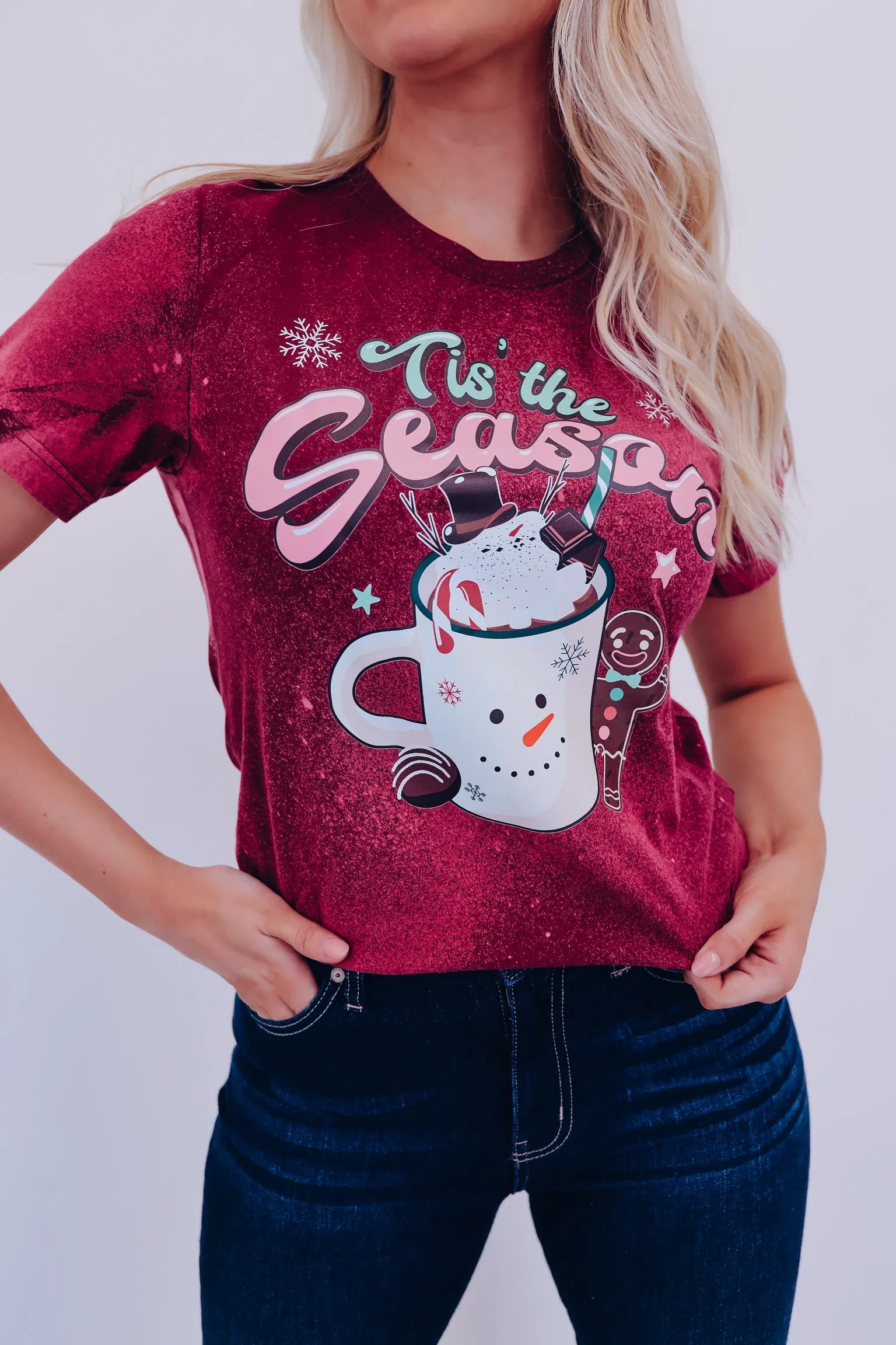 Tis The Season Bleach Wash Graphic Tee - Maroon