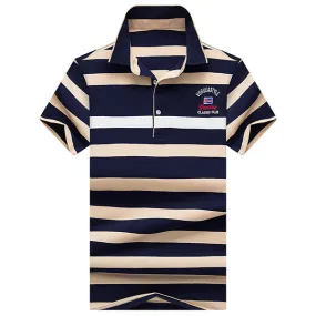 Turn-down Collar Casual Business Polo Shirt Cotton Striped Printed Short Sleeve