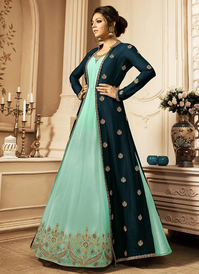 Turquoise And Sea Blue Embroidered Jacket Anarkali Suit