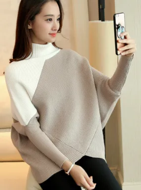 Turtleneck All-match Splice Color Long Sleeve Loose Knit Sweater