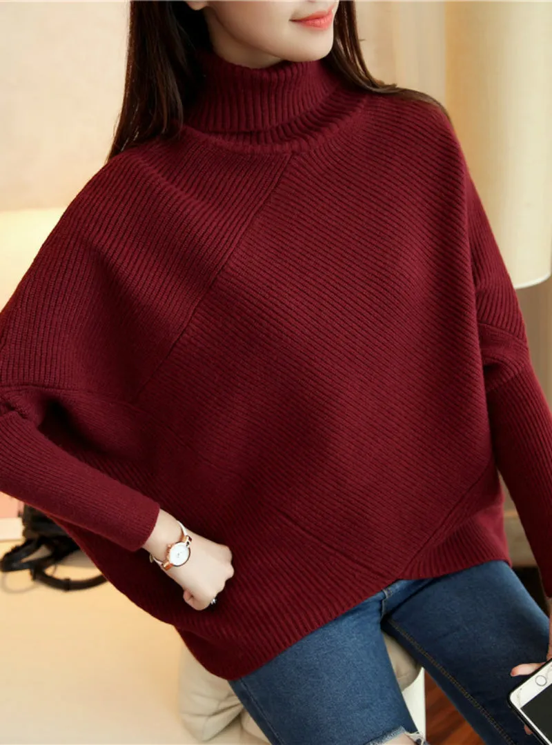 Turtleneck All-match Splice Color Long Sleeve Loose Knit Sweater