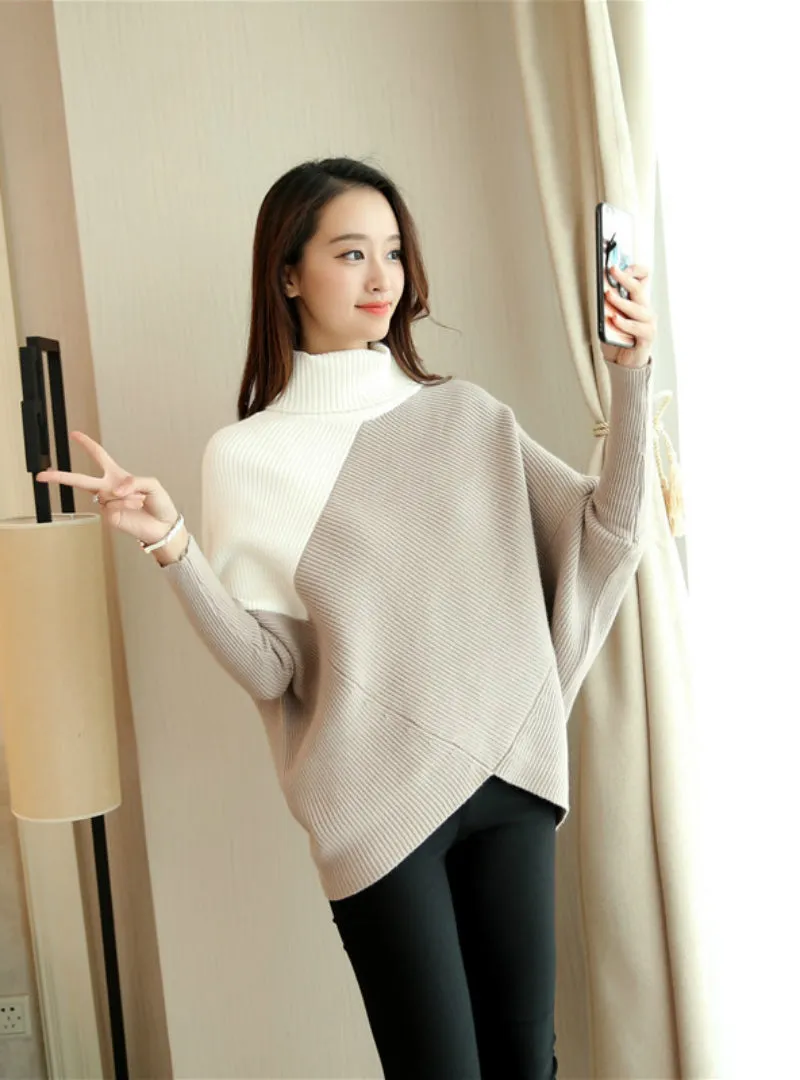 Turtleneck All-match Splice Color Long Sleeve Loose Knit Sweater