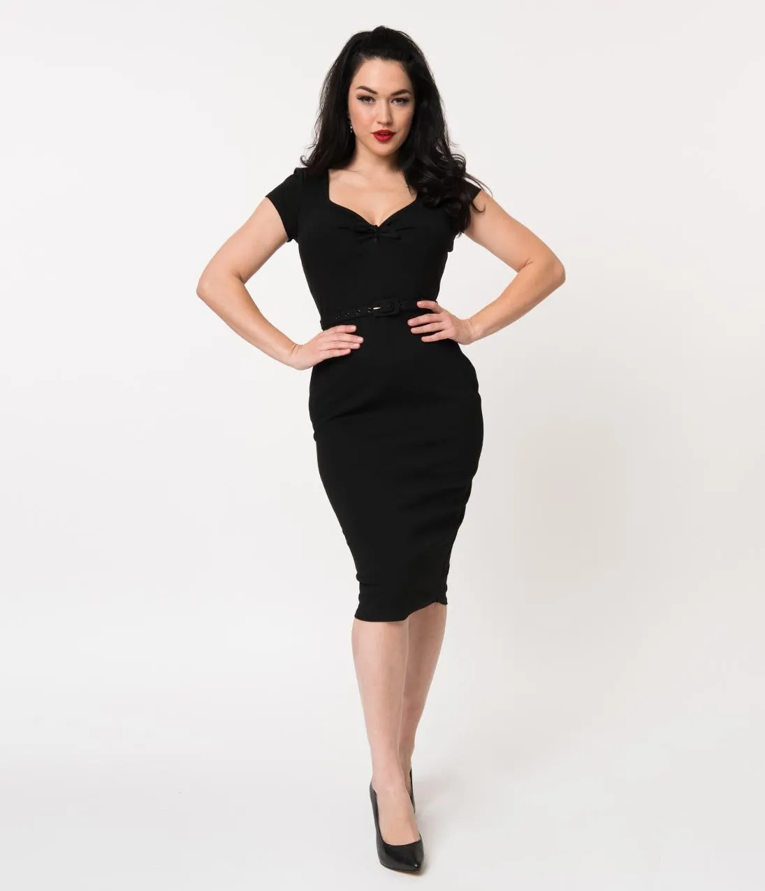 Unique Vintage 1950s Black Sweetheart Stretch Knit Dianne Wiggle Dress