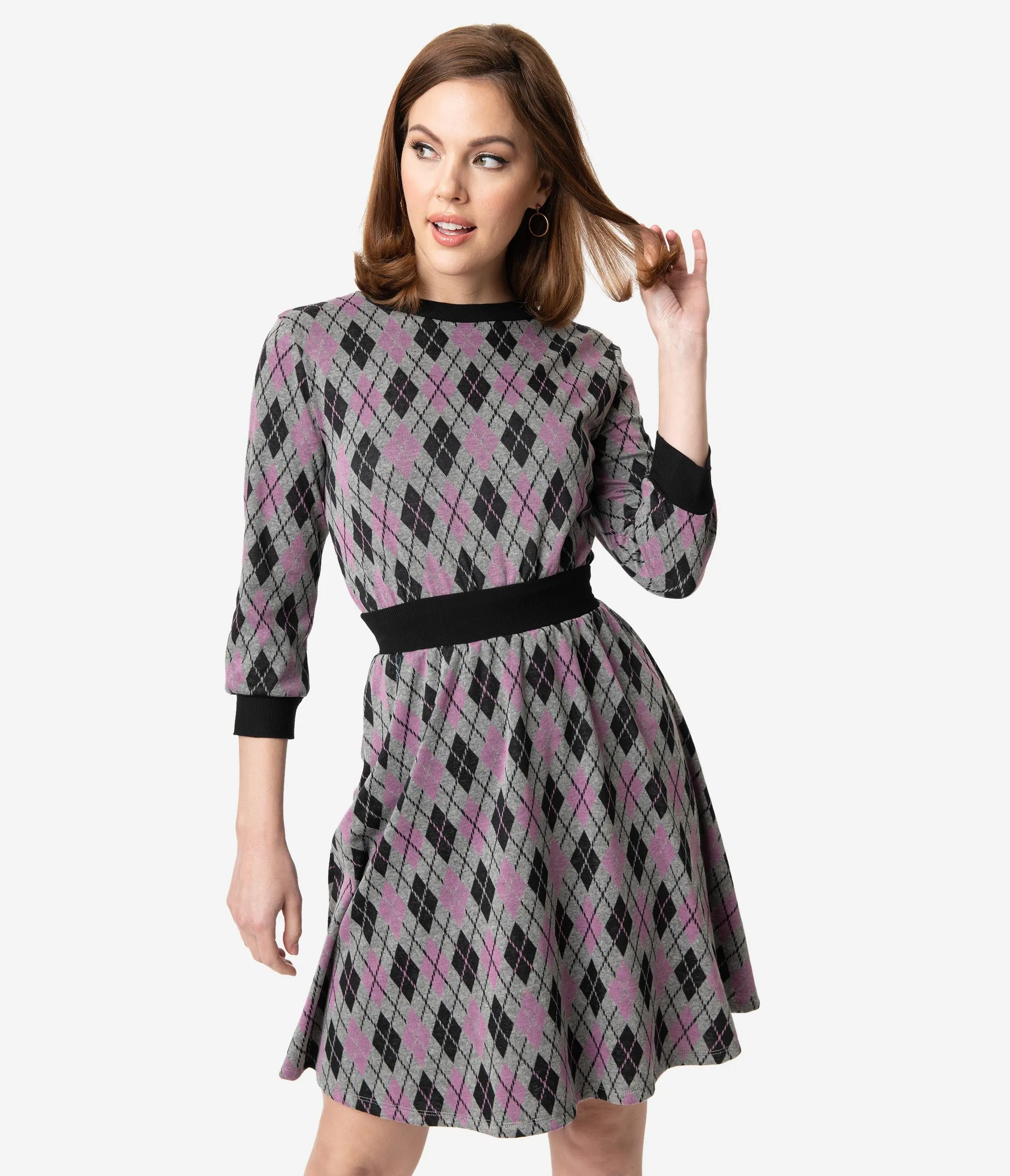 Unique Vintage 1960s Style Argyle Knit Sleeved Abigail Fit & Flare Dress