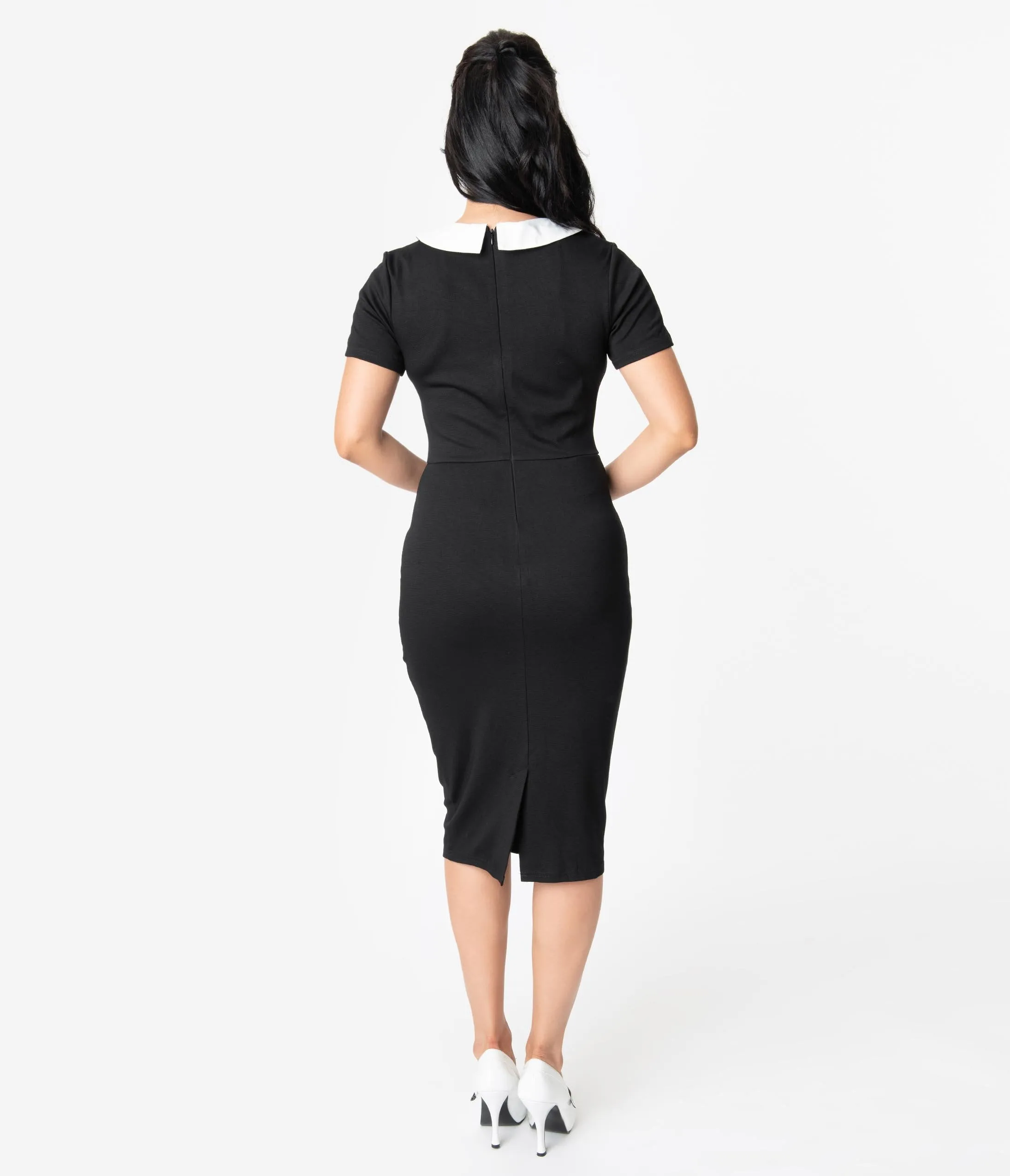 Unique Vintage 1960s Style Black & White Collar Renata Pencil Dress