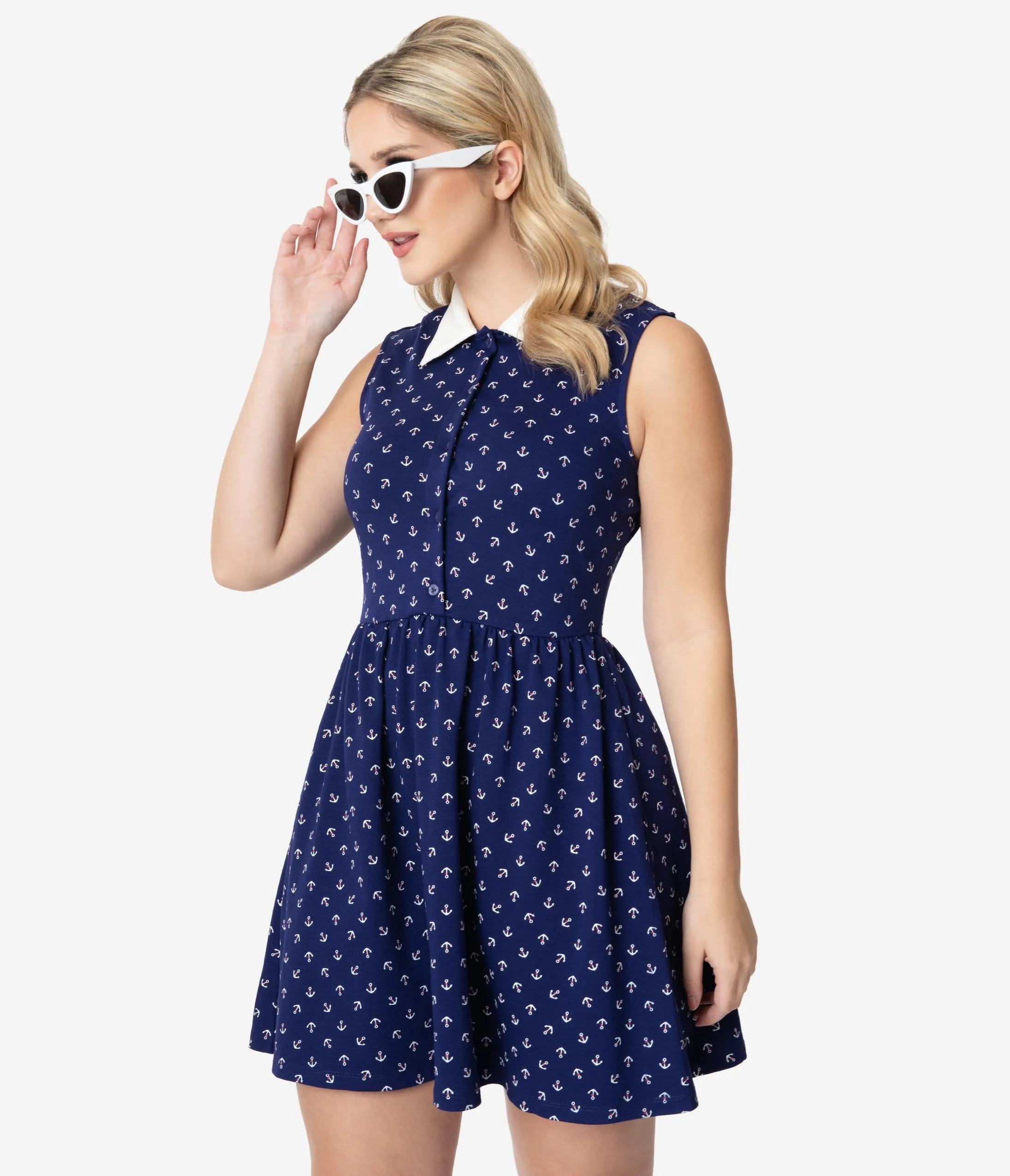 Unique Vintage Navy Blue & Anchor Print Josie Fit & Flare Dress