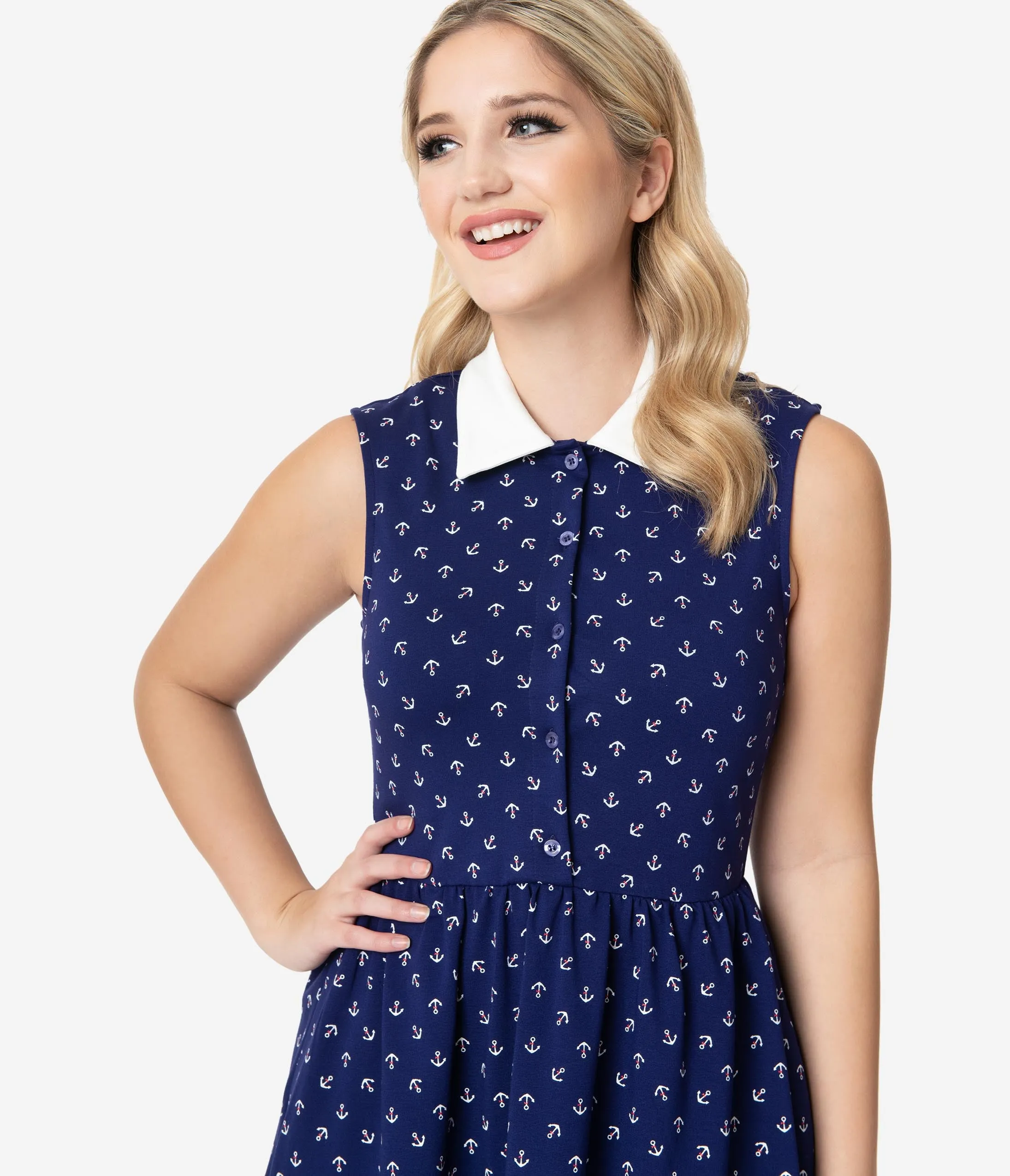 Unique Vintage Navy Blue & Anchor Print Josie Fit & Flare Dress