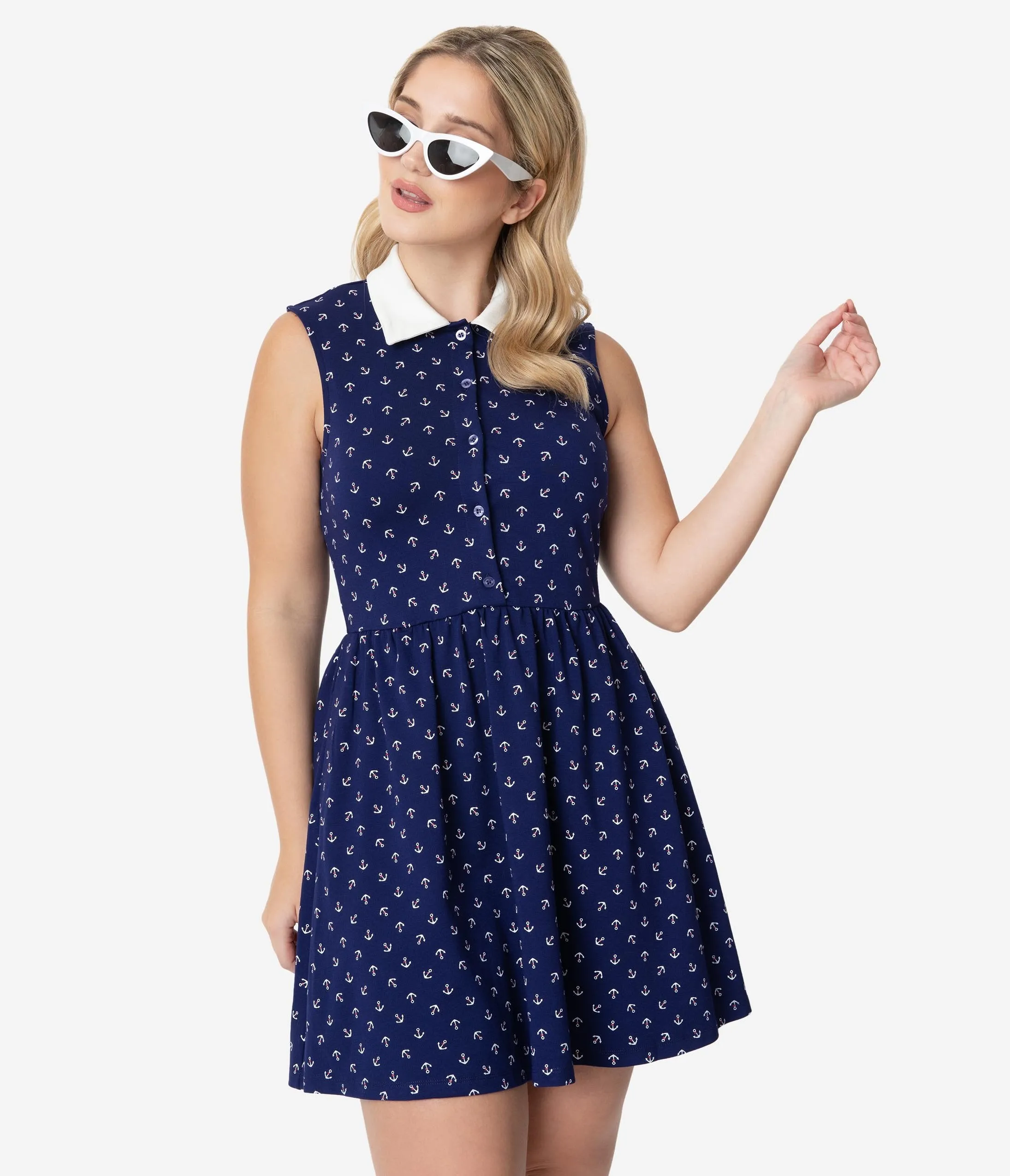 Unique Vintage Navy Blue & Anchor Print Josie Fit & Flare Dress