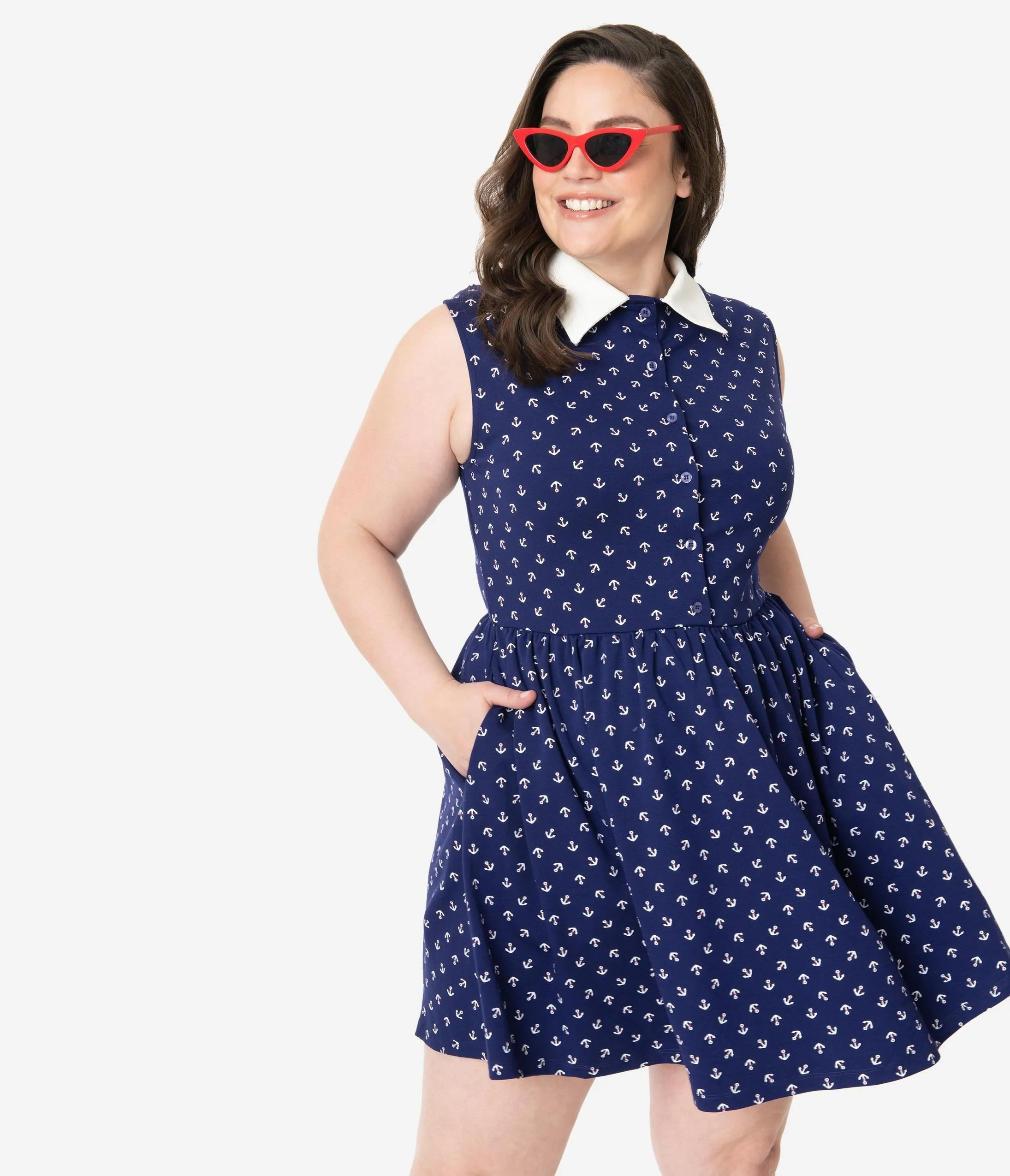 Unique Vintage Navy Blue & Anchor Print Josie Fit & Flare Dress