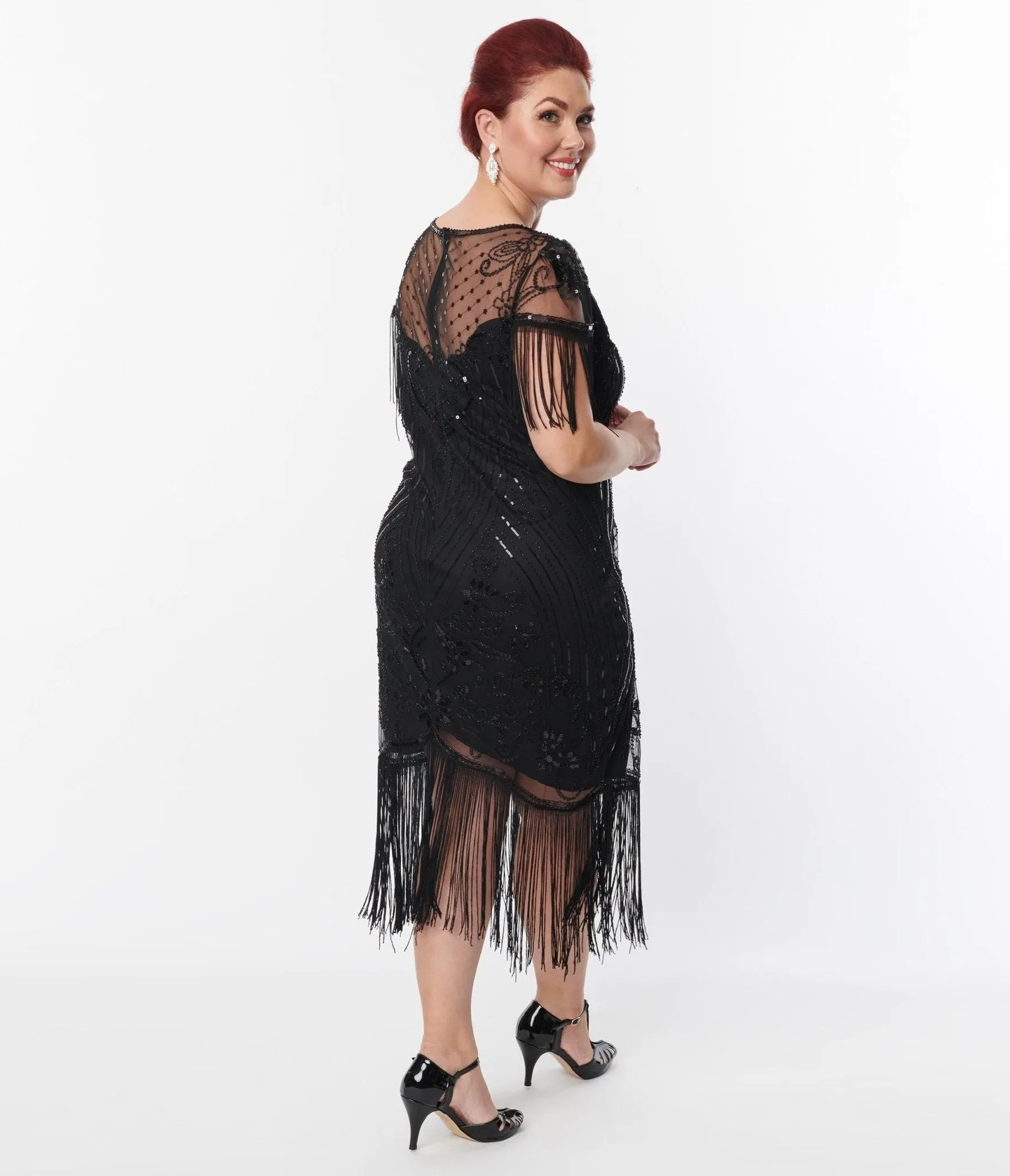 Unique Vintage Plus Size 1920s Black Beaded Fringe Sleeve Nadine Flapper Dress