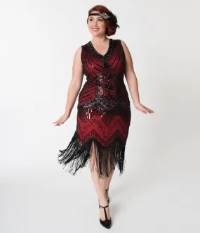 Unique Vintage Plus Size 1920s Deco Red & Black Veronique Fringe Flapper Dress