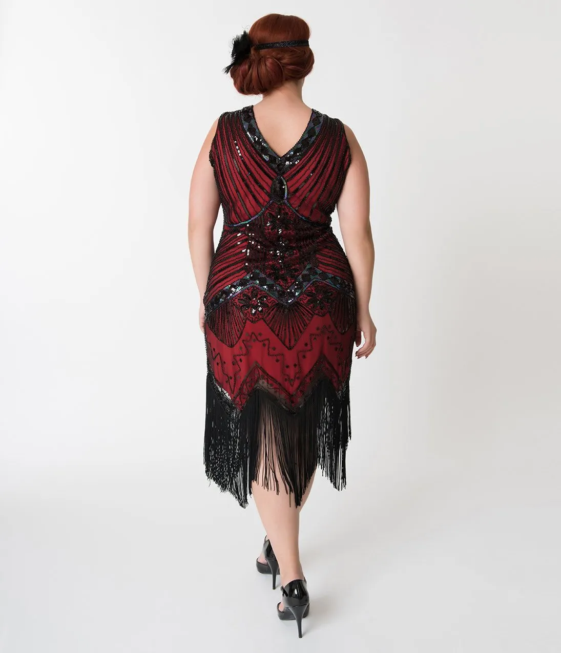 Unique Vintage Plus Size 1920s Deco Red & Black Veronique Fringe Flapper Dress