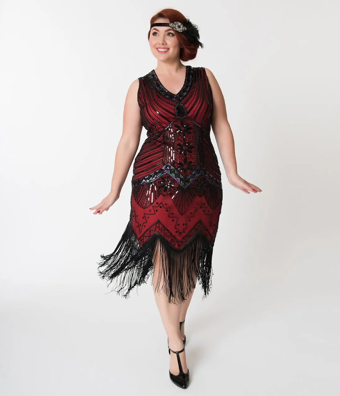 Unique Vintage Plus Size 1920s Deco Red & Black Veronique Fringe Flapper Dress